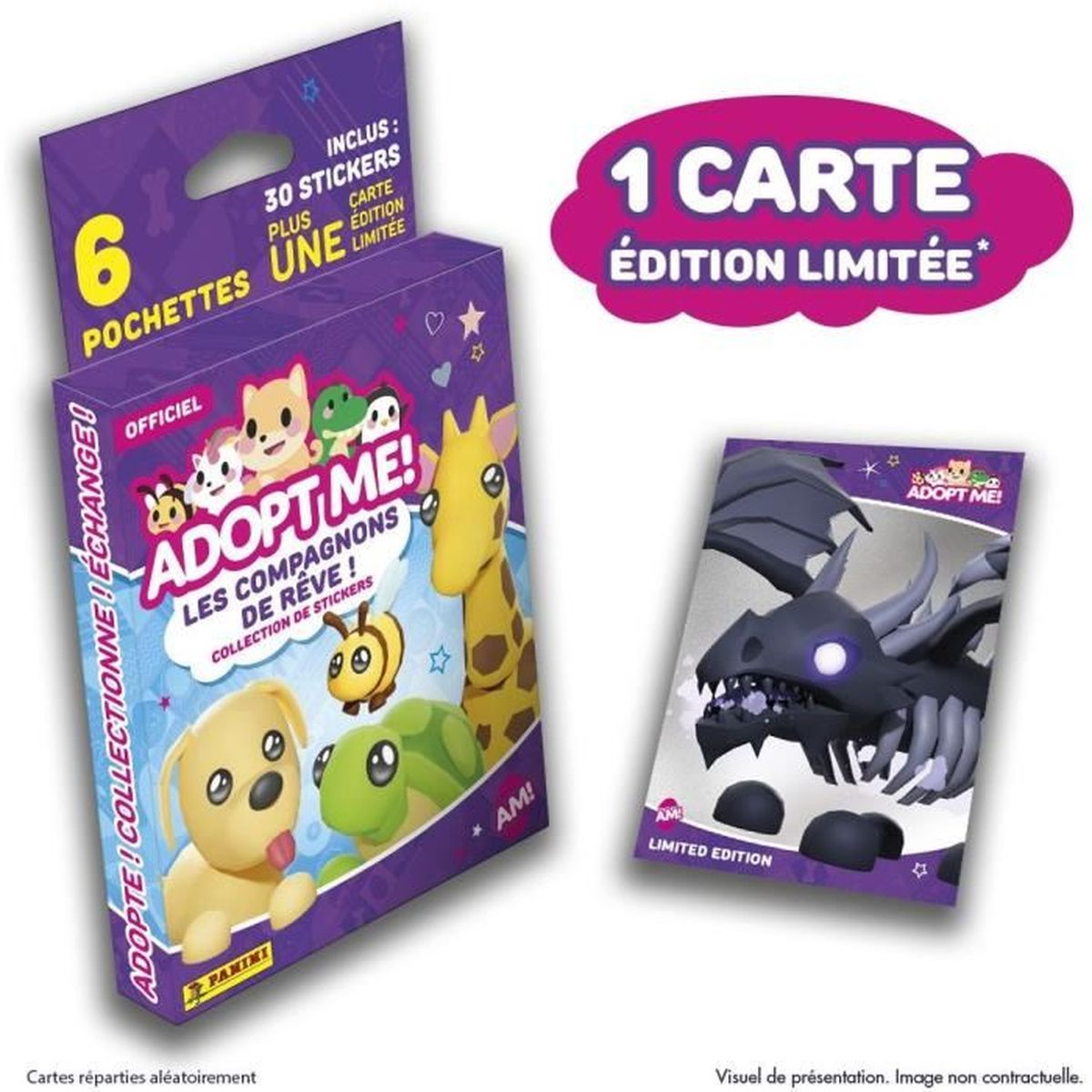 Adopt Me! Sticker-Packung mit 6 Beuteln und einer limitierten Drachenkarte.