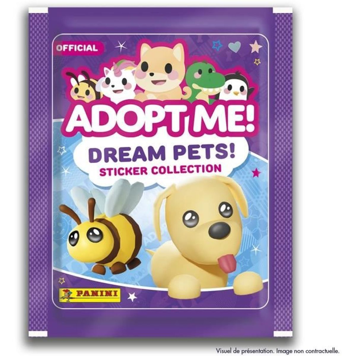 Adopt Me! Dream Pets Sticker-Sammelpackung mit Bienen- und Hundefiguren.