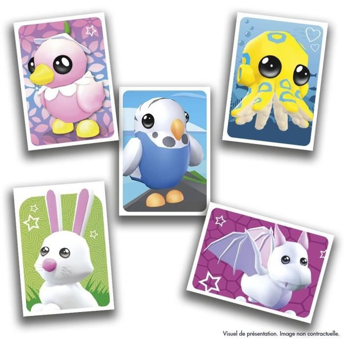 Fünf Karten mit Cartoon-Tieren: Vogel, Wellensittich, Oktopus, Hase, Fledermaus.