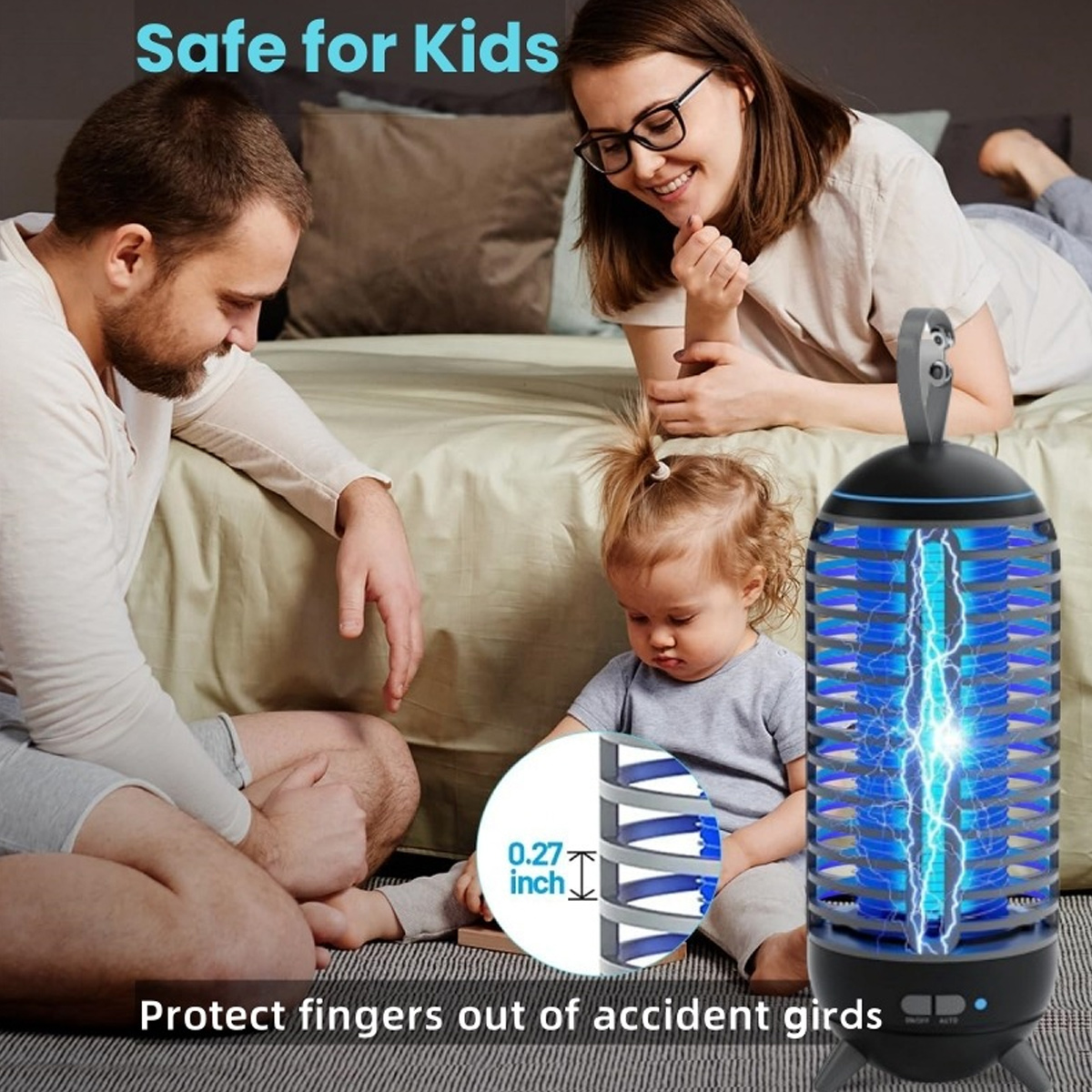 Familie mit Baby und einem Insektenvernichter, der für Kinder sicher ist.
