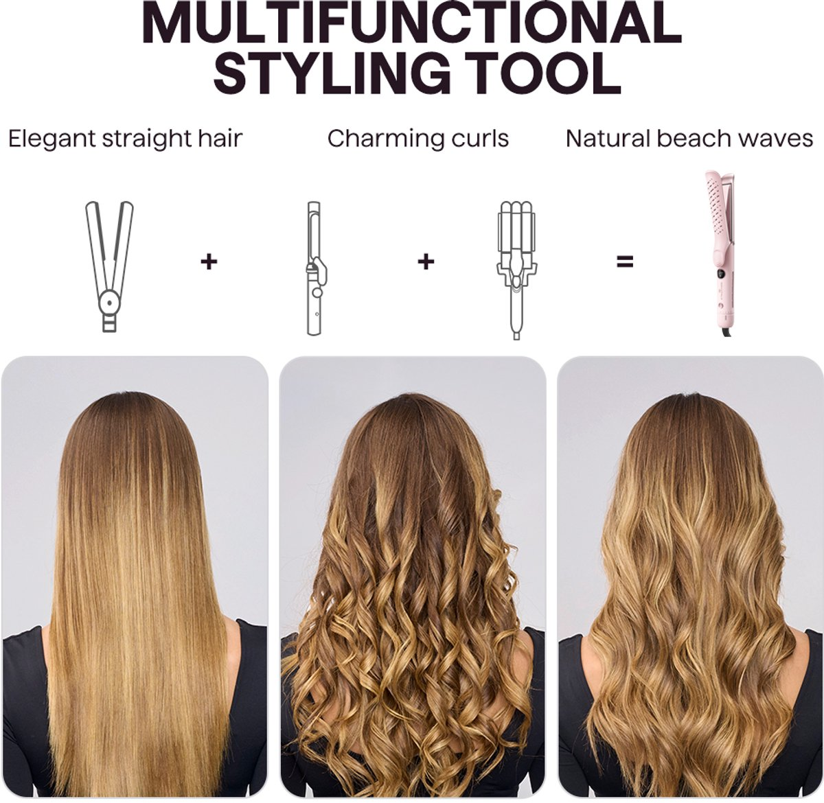 Een vrouw met steil, gekruld en strandgolvend haar, gestyled met een tool.