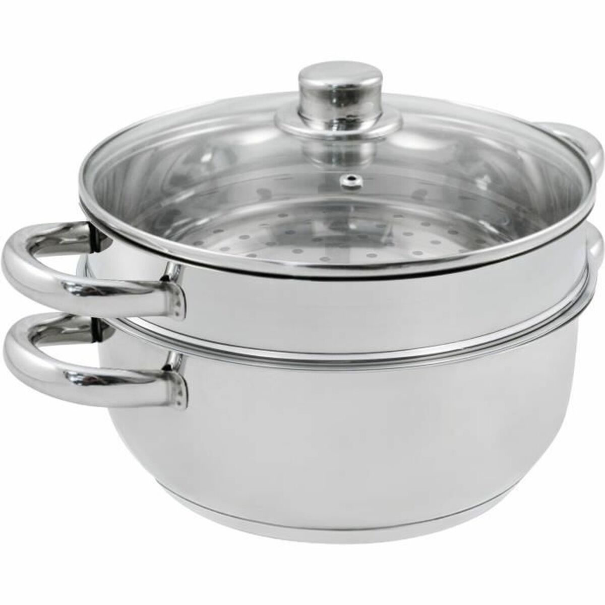 Edelstahl-Dampfgarer mit Glasdeckel und zwei Einsätzen auf weißem Hintergrund.