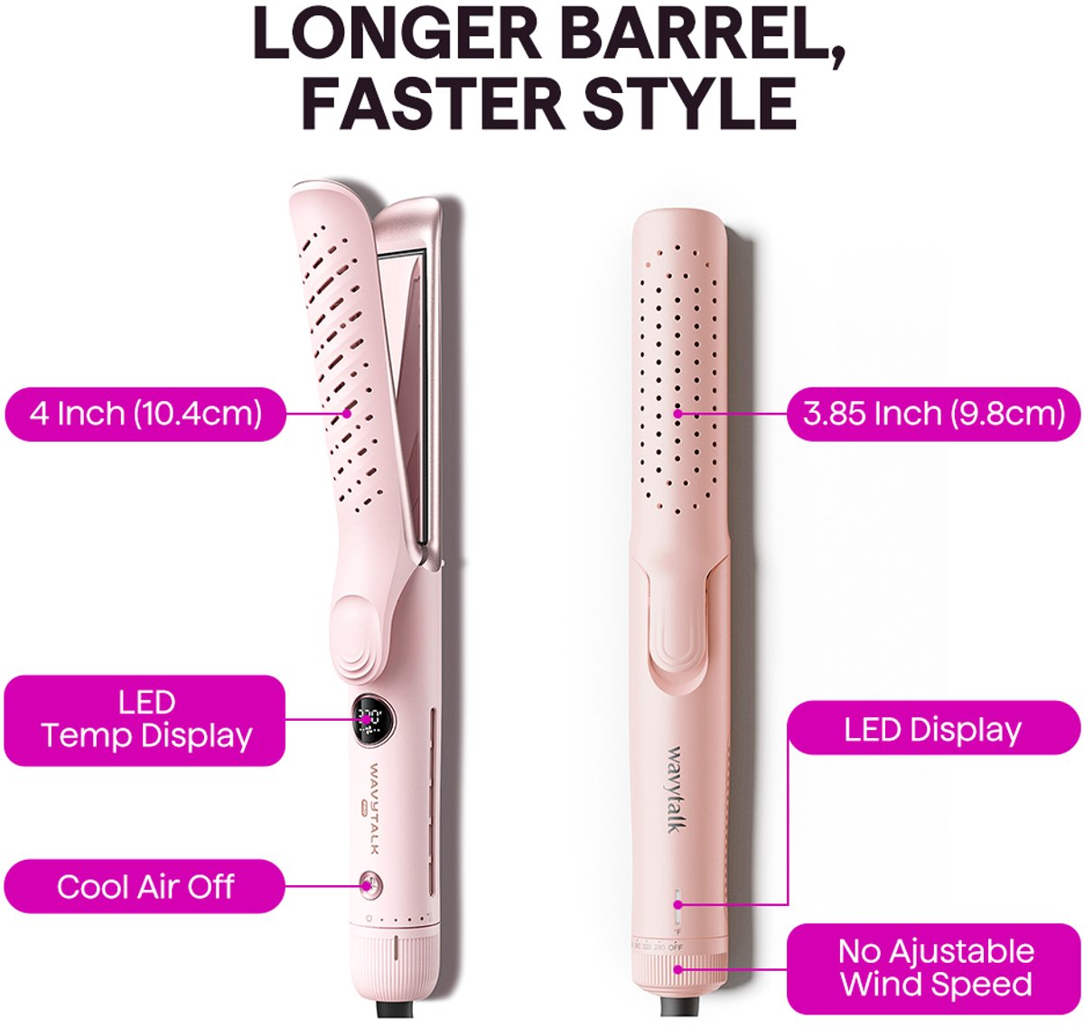 Two pink hair straighteners: one 4-inch with LED temp display, one 3.85-inch with LED display.