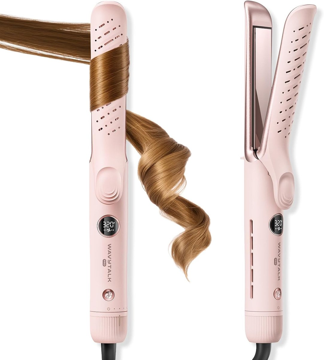 A pink hair curler with brown hair wrapped around it, showing a curl.