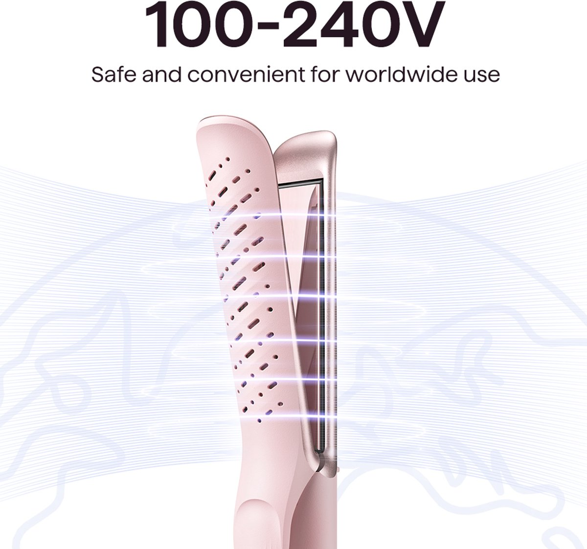 Een roségouden stijltang met ventilatiegaten en 100-240V tekst.