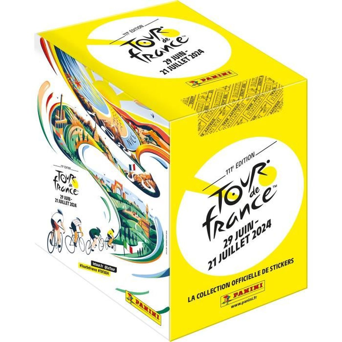 Gelber Karton mit Tour de France-Illustrationen und Text, 111. Ausgabe.