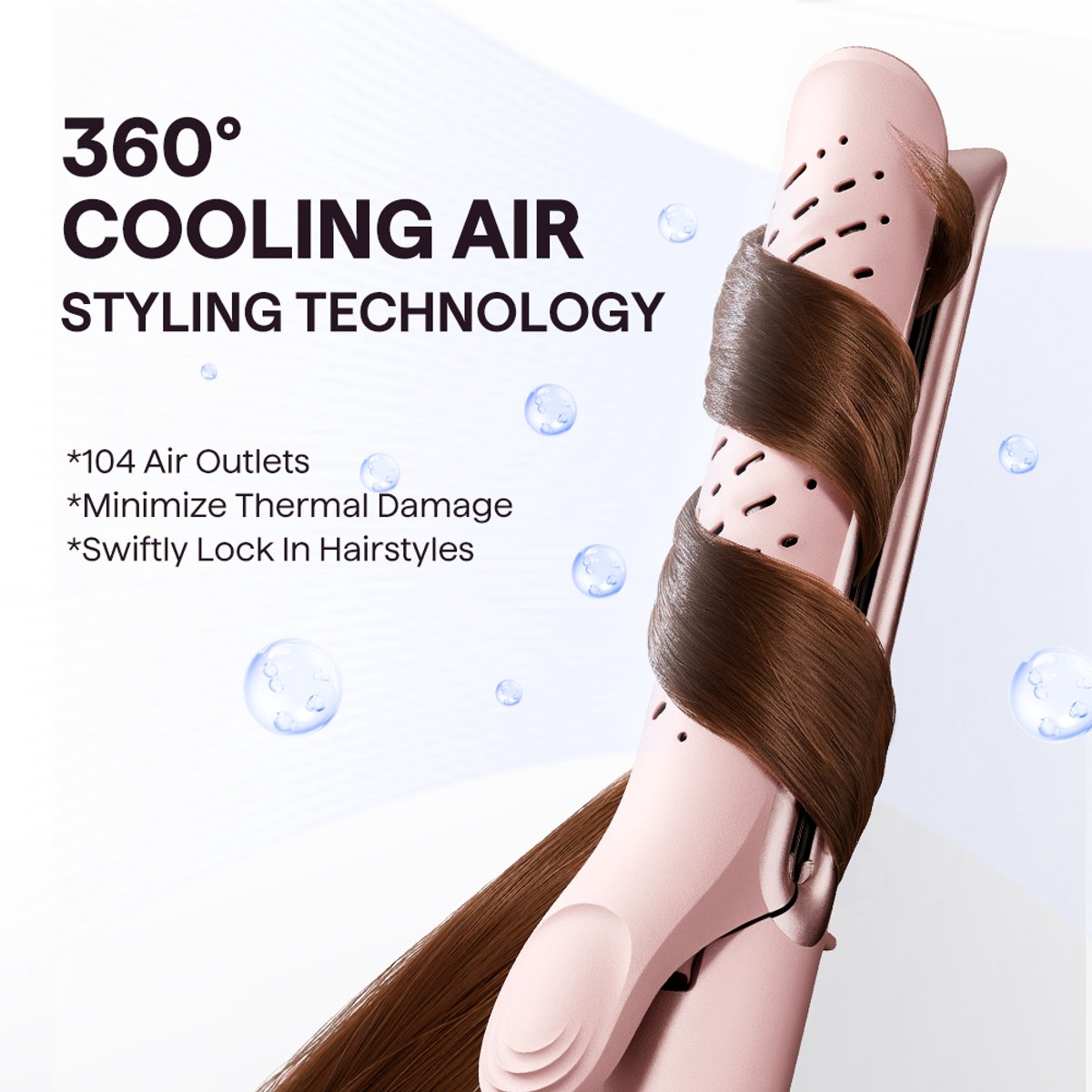 Een roze haarstyler met bruin haar eromheen. 360° koele lucht styling.