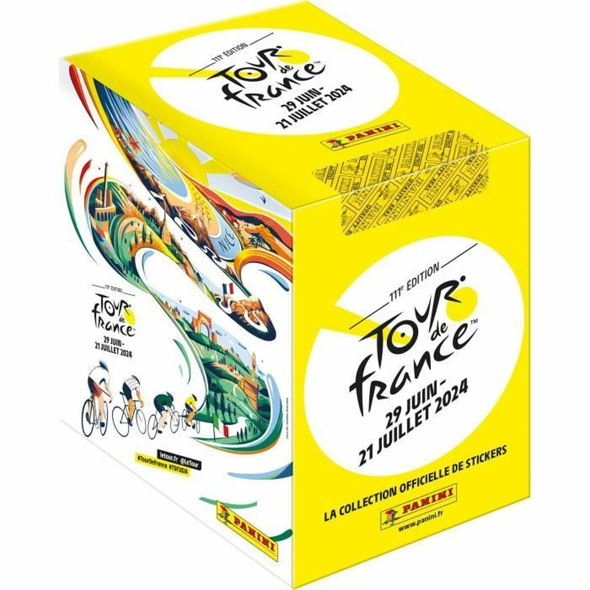 Gelber Karton für Tour de France 2024 Sticker, mit Radfahrern und Szenenkunst.