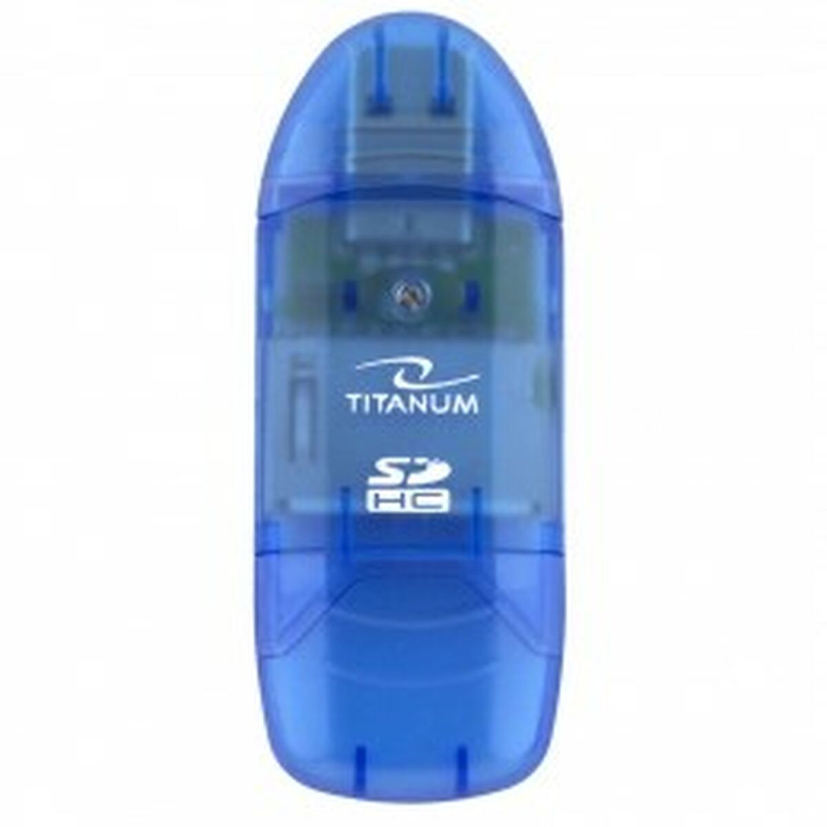 Un lettore di schede SD blu trasparente con marchio TITANUM e SD HC.