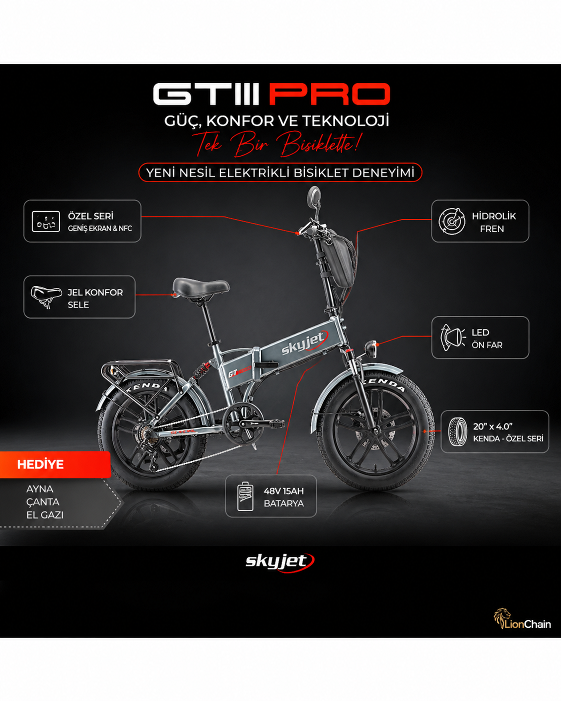 Gri Skyjet GTIII PRO elektrikli bisiklet, fat faturalı, süspansiyonlu ve LED.
