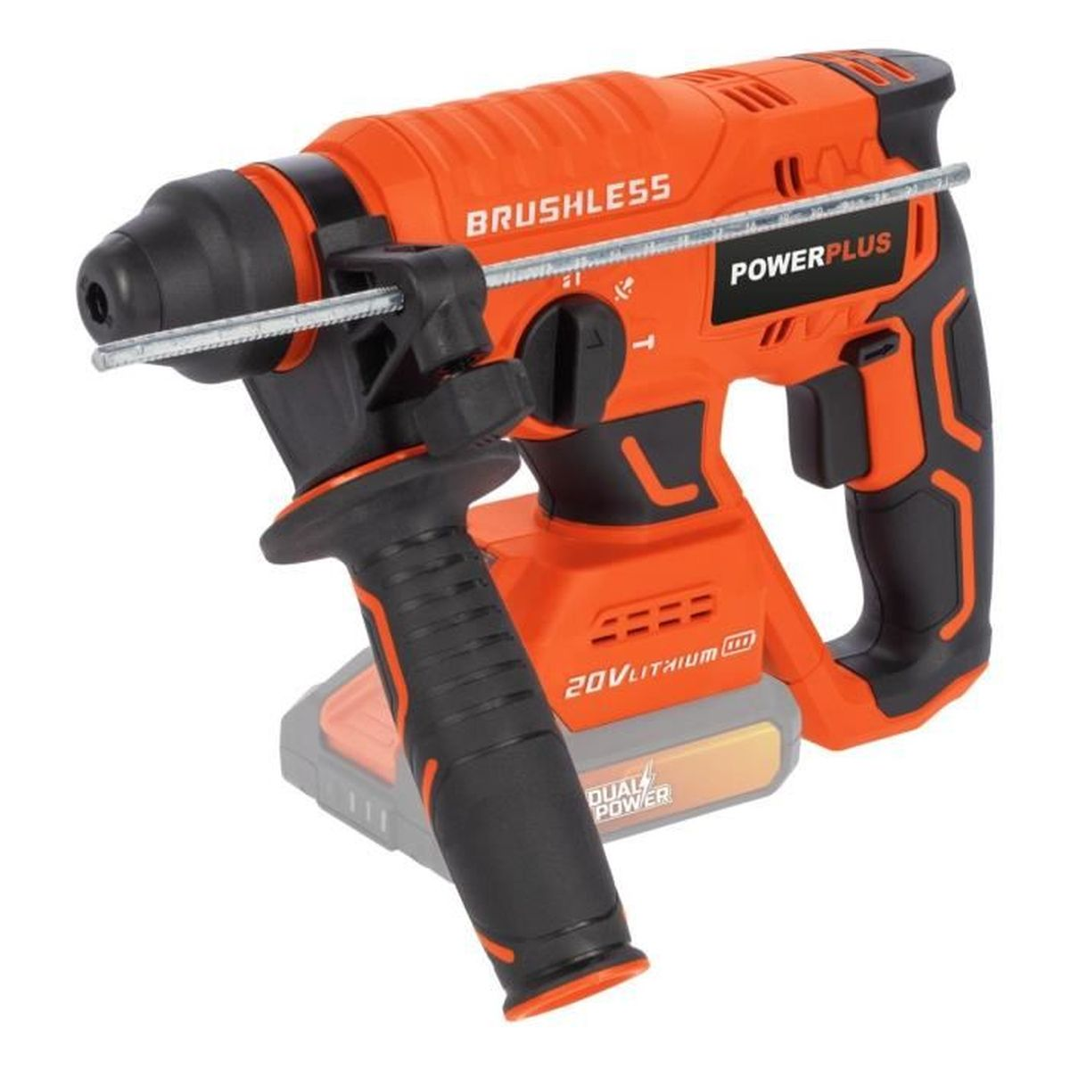 Orange und schwarzer Bohrhammer mit Zusatzgriff und Akku.