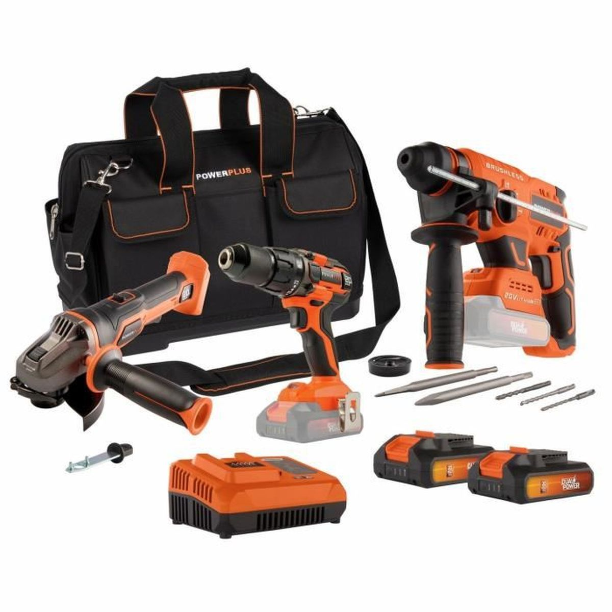 Ein Powerplus Werkzeugset mit Bohrmaschine, Winkelschleifer, Ladegerät, Akkus und Tasche.