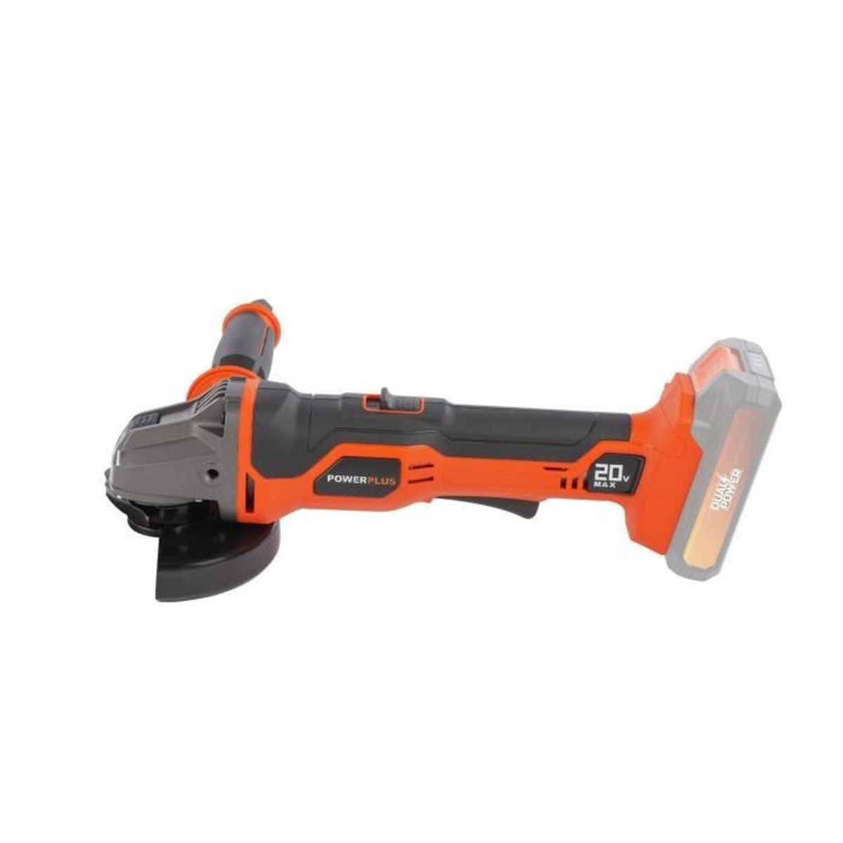 Ein orange-schwarzer Winkelschleifer mit 20V MAX Dual Power Akku.