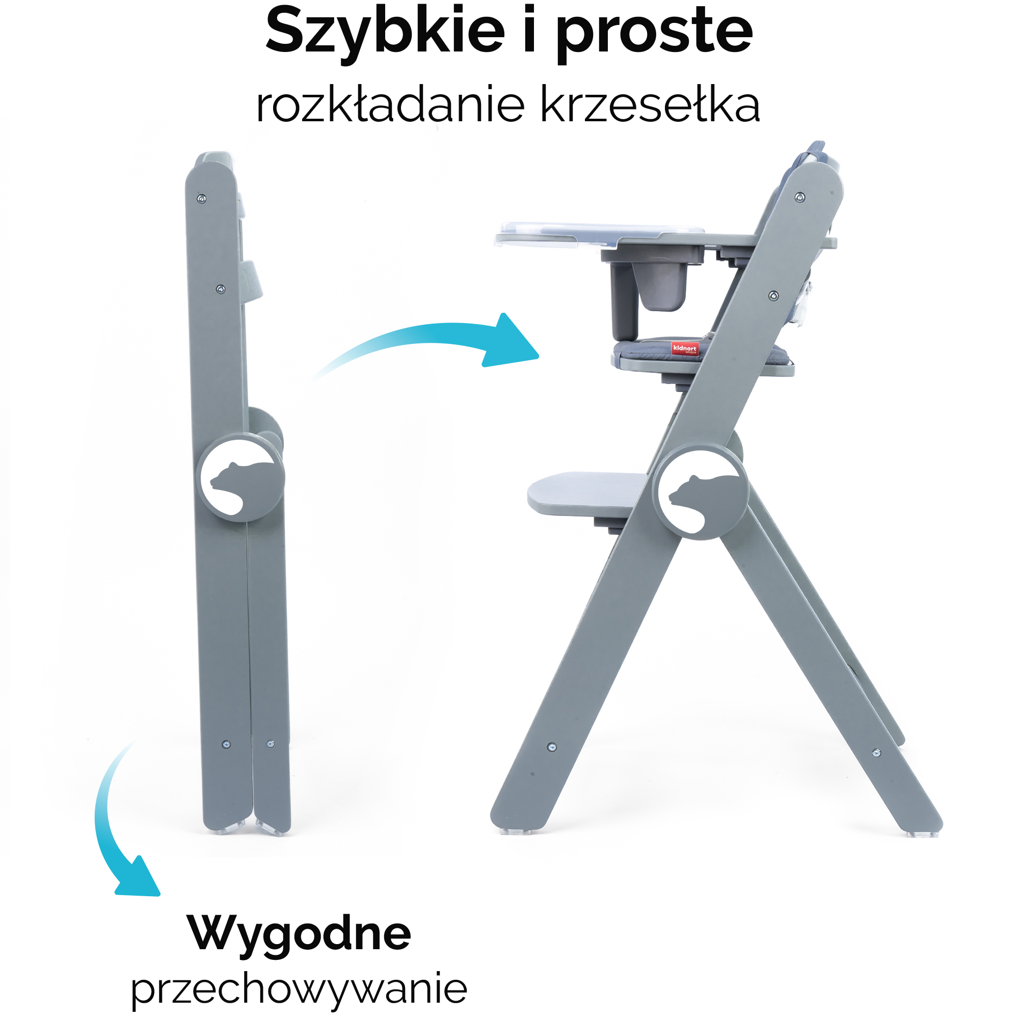 Szary fotelik do karmienia, złożony i rozłożony, z motywem misia.