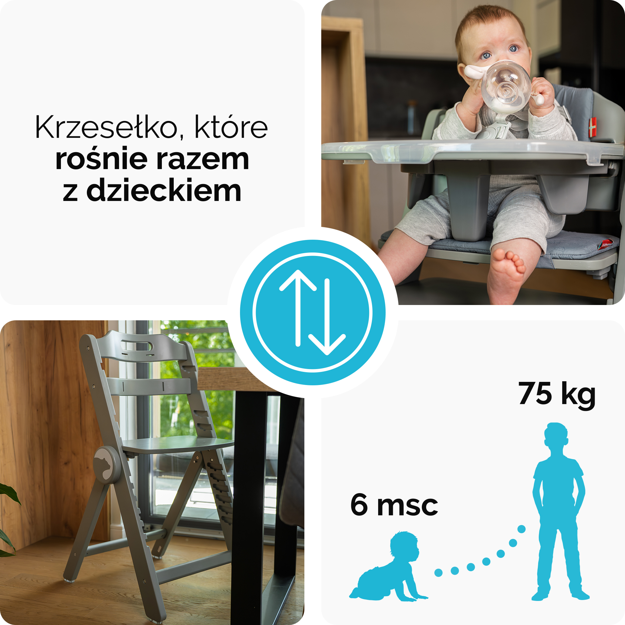 Dziecko w krzesełku pije, obok krzesło i grafika wzrostu.