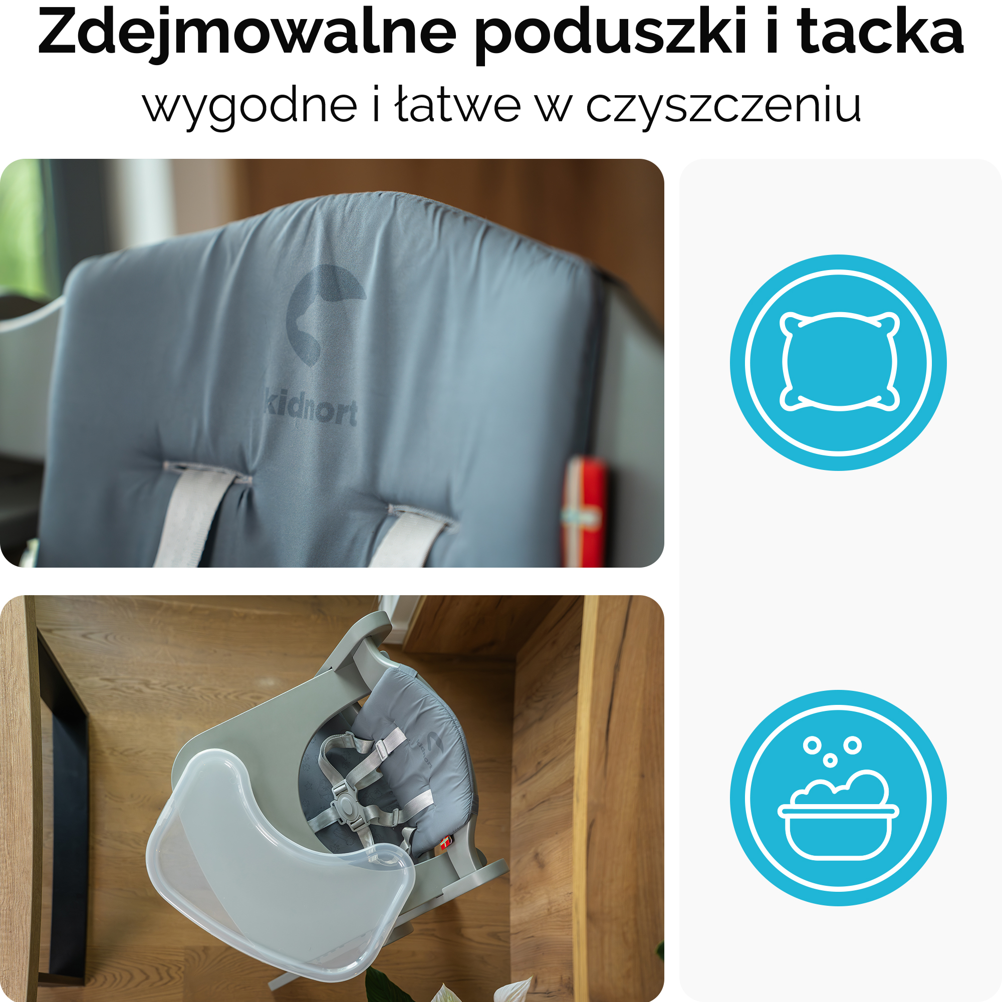 Szara poduszka do krzesełka z pasami i zdejmowaną tacką. Ikony poduszki i prania.