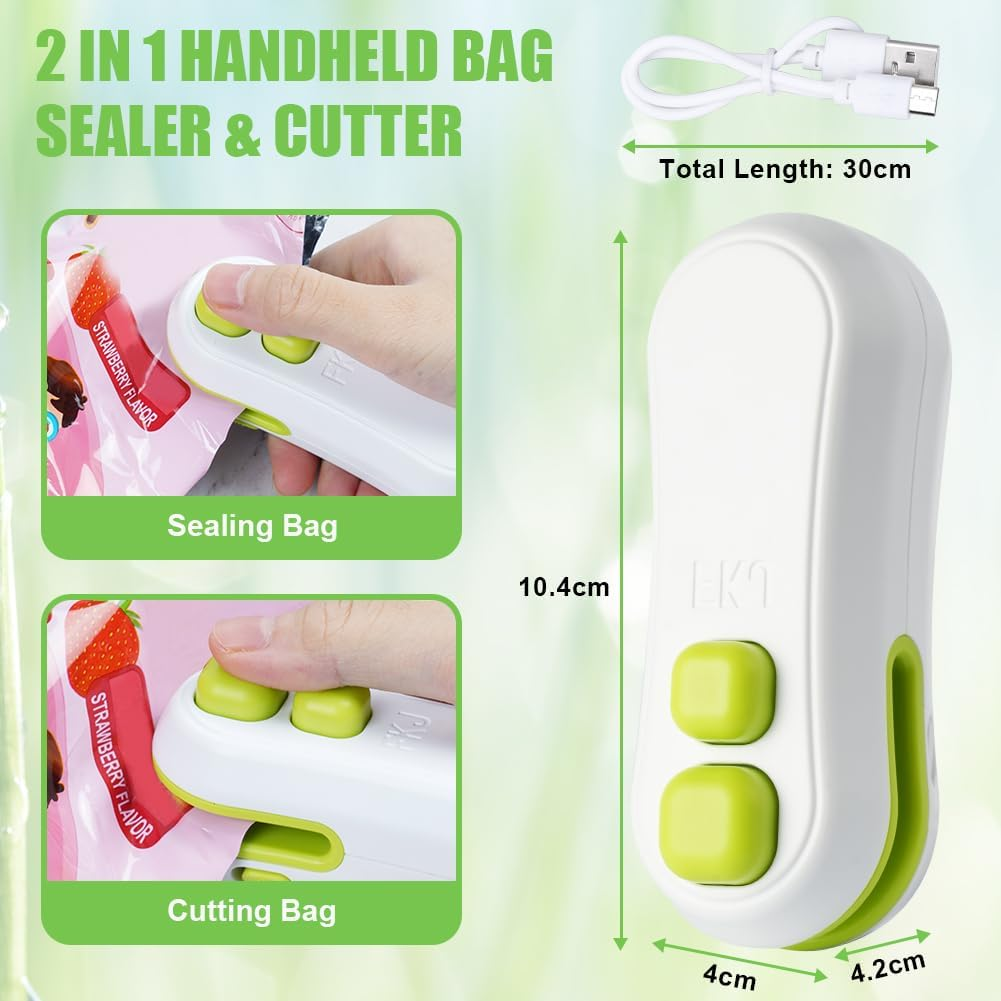 Ein weißer 2-in-1-Beutelversiegler und -schneider mit grünen Knöpfen und USB-Kabel.