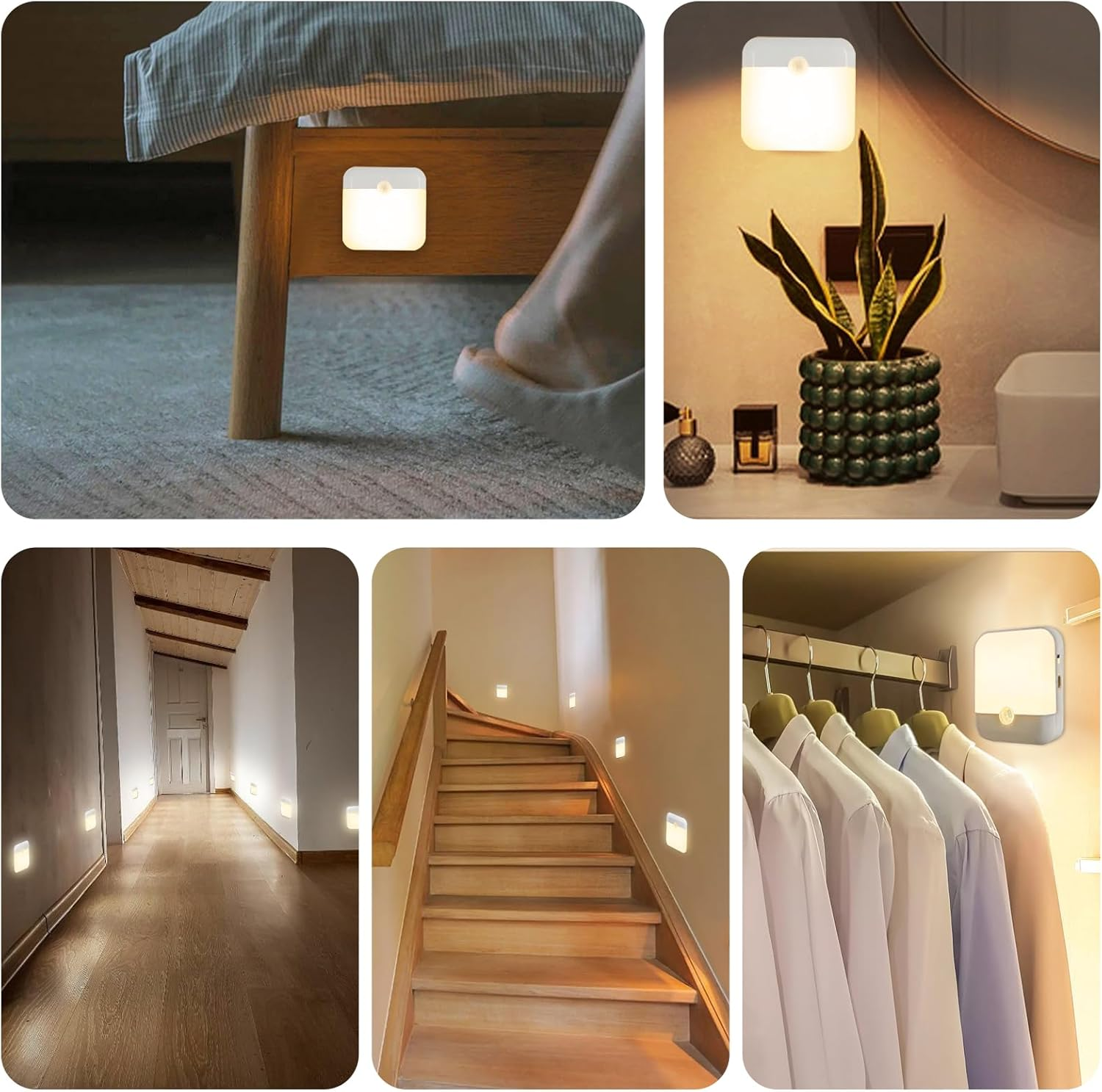 Kompakte Lichter beleuchten einen Flur, eine Treppe, ein Schlafzimmer und einen Schrank.