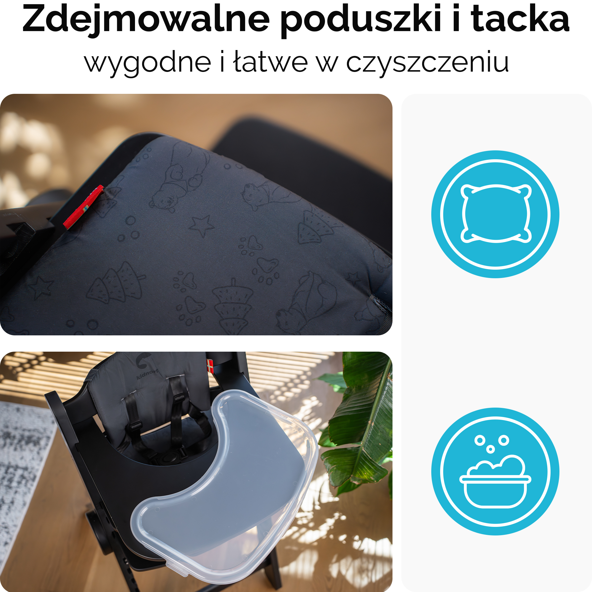 Ciemnoszara poduszka ze zwierzęcymi wzorami i zdejmowana, półprzezroczysta tacka.