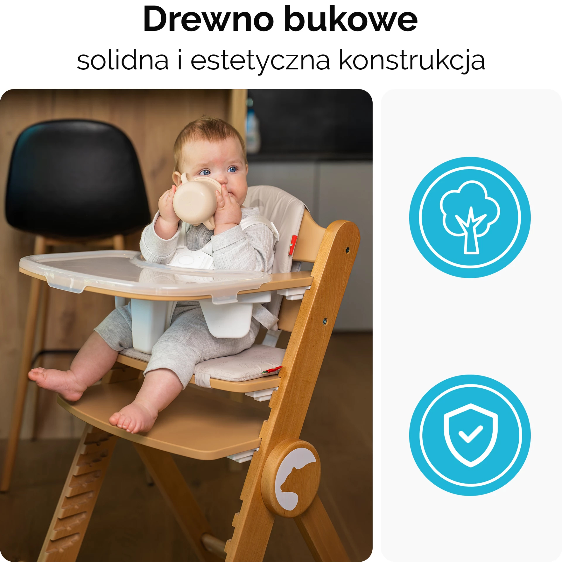 Niemowlę pije z kubka na krzesełku. Obok są ikony drzewa i tarczy.
