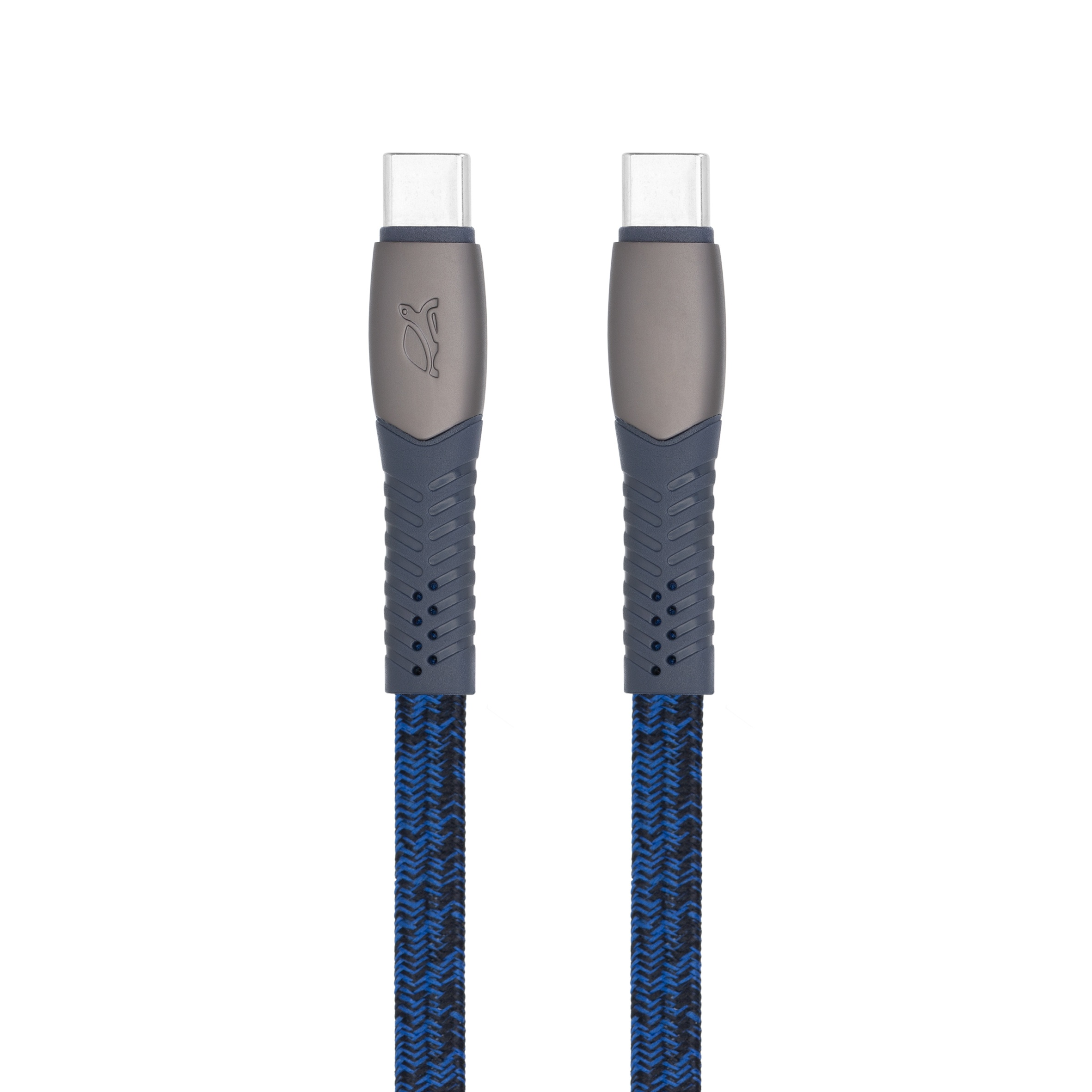 Two USB-C cables with blue-black braided cord and gray connectors.
