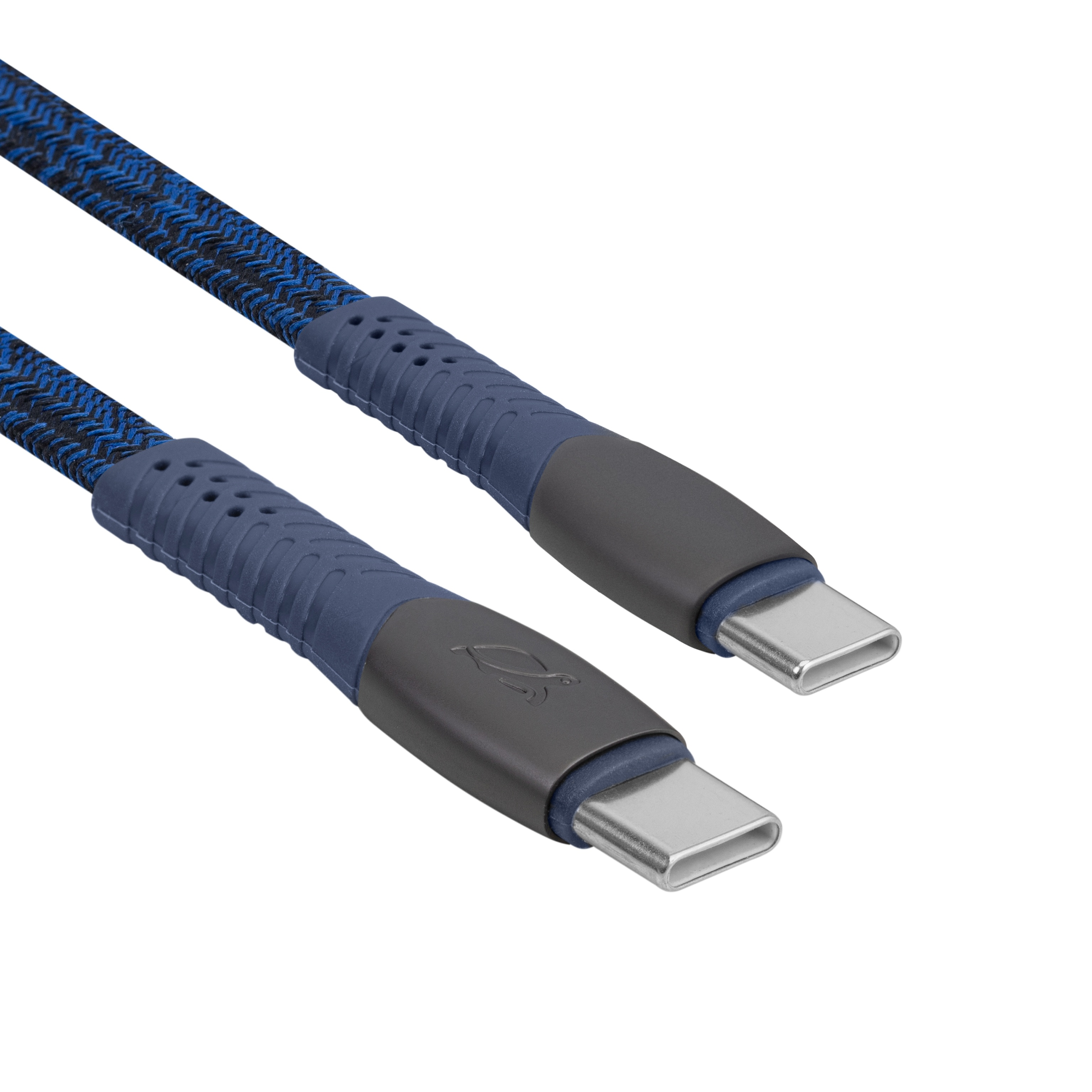 A blue and black braided USB-C cable with two connectors.