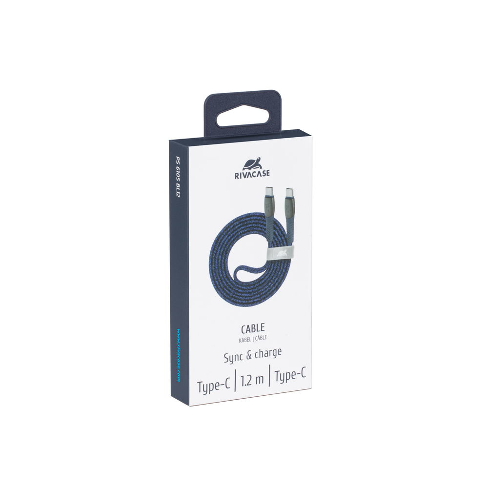 A blue RIVACASE USB-C cable in its packaging, 1.2m long, for sync & charge.