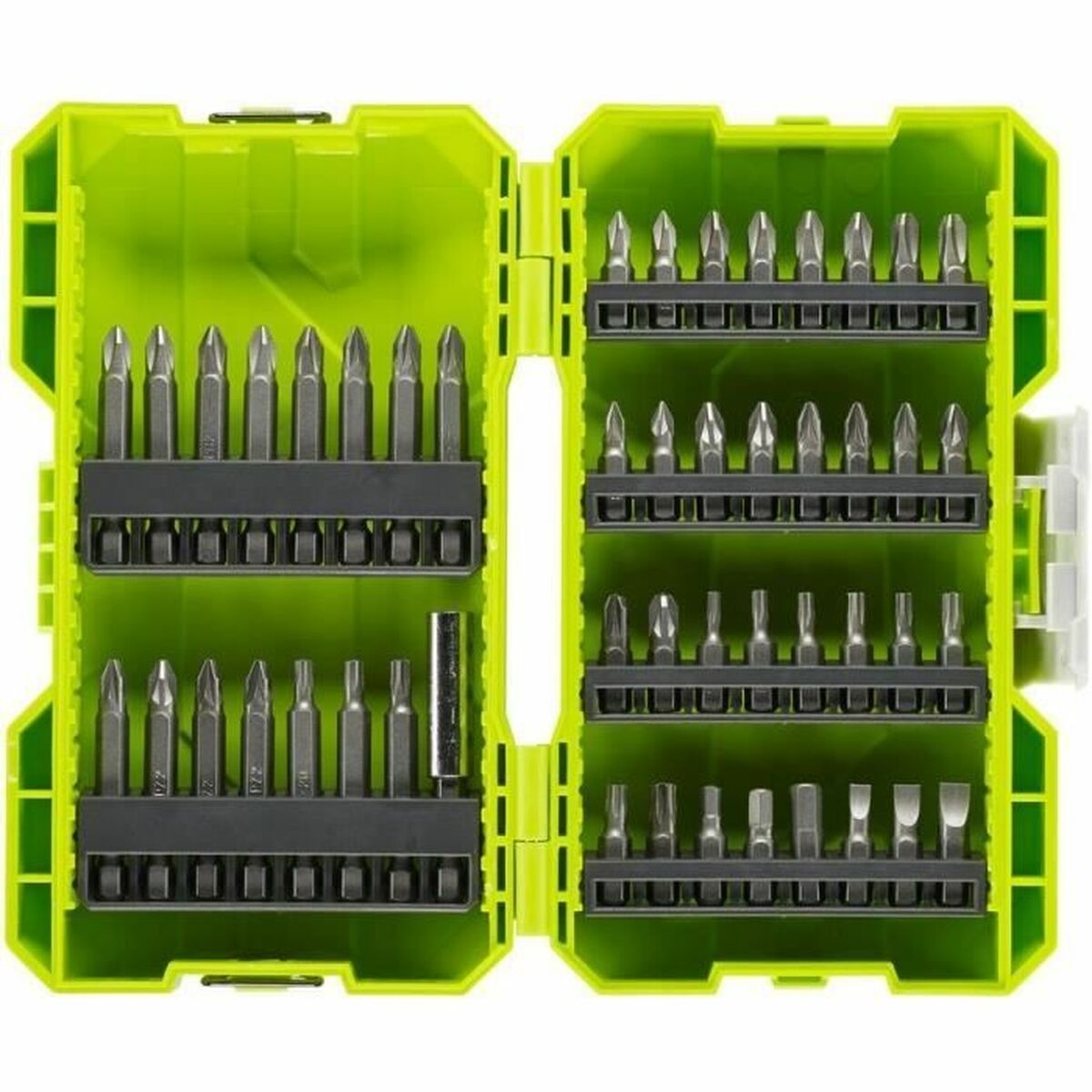 Geöffnete grüne Kiste mit Reihen verschiedener Metallbohrer und Schraubendreherbits.