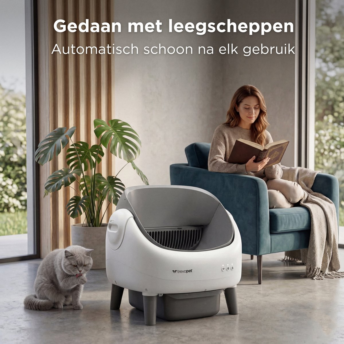 Een vrouw leest een boek, een kat zit naast een zelfreinigende kattenbak.