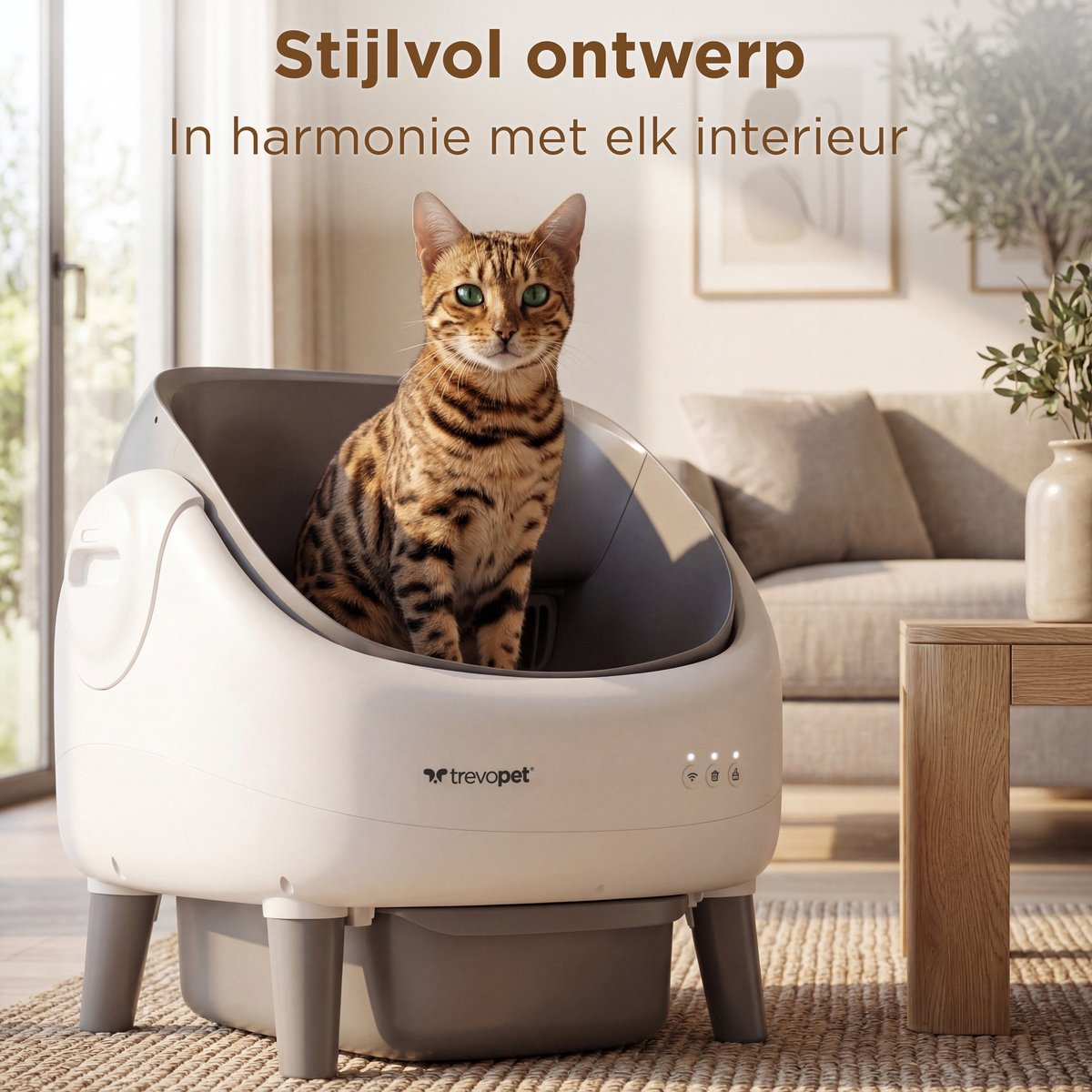 Een Bengaalse kat zit in een moderne, witte kattenbak met grijze accenten.