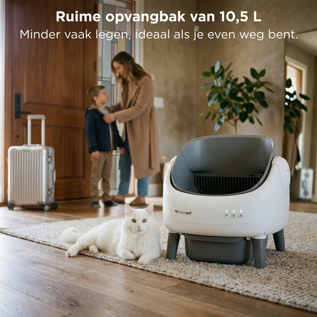 Een vrouw en kind staan bij een deur met bagage. Een kat ligt op een kleed.
