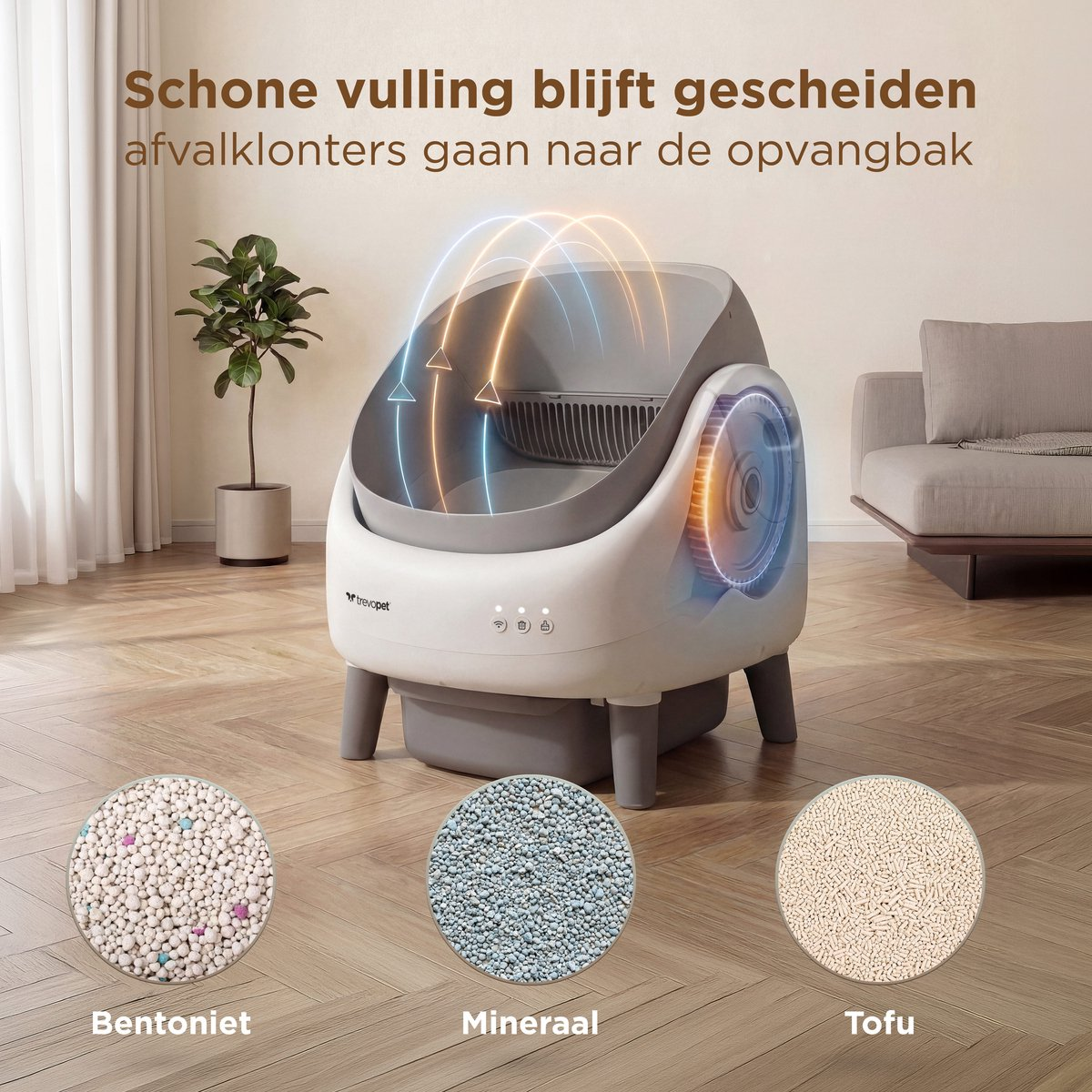 Een automatische kattenbakreiniger met bentoniet, mineraal en tofu kattenbakvulling.