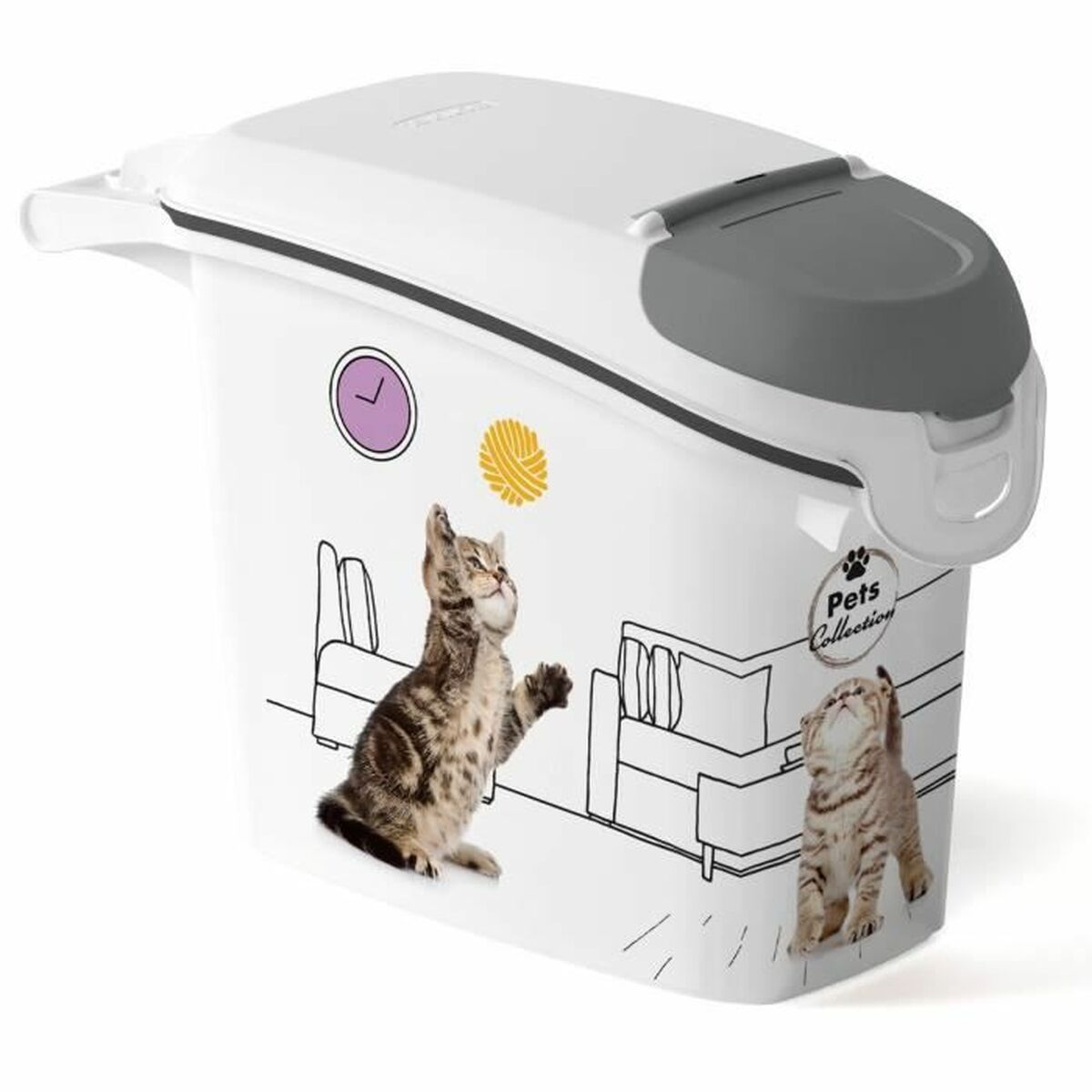 Un contenitore bianco per cibo per animali con coperchio grigio, illustrato con gatti e gomitoli.