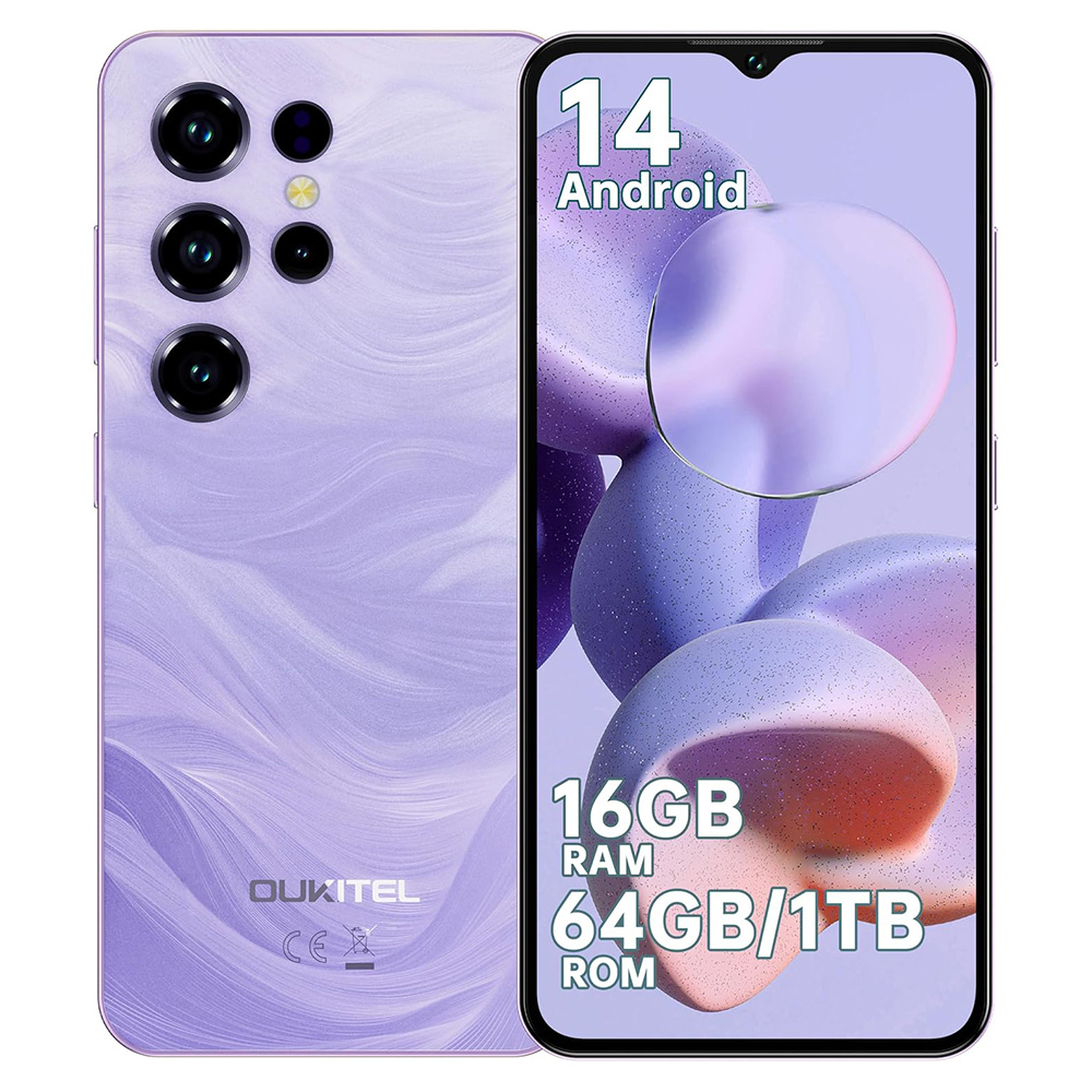 Teléfono inteligente morado con cuatro cámaras y pantalla Android 14. 16 GB RAM, 64 GB/1 TB ROM.