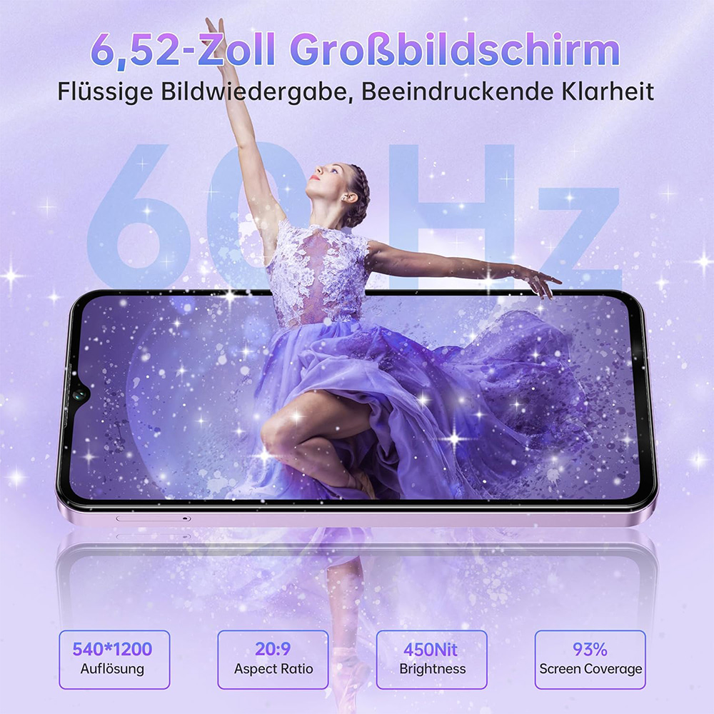 Un teléfono con pantalla grande muestra una bailarina con vestido morado, rodeada de brillo.