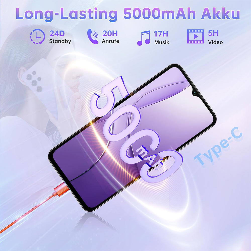 Smartphone con batería de 5000mAh, carga tipo C. Ofrece 24D en espera, 20H llamadas, 17H música, 5H vídeo.