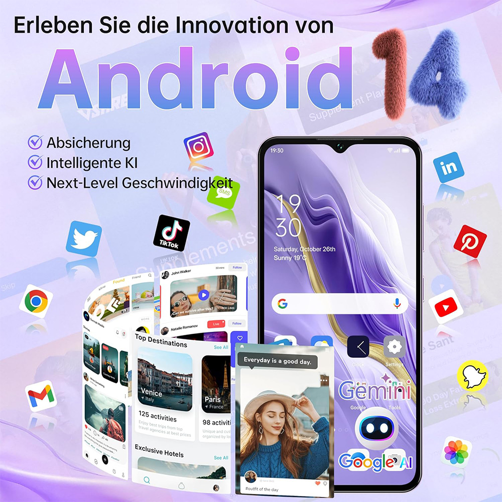 Promoción de Android 14 con smartphone, iconos de apps y texto sobre seguridad y velocidad.