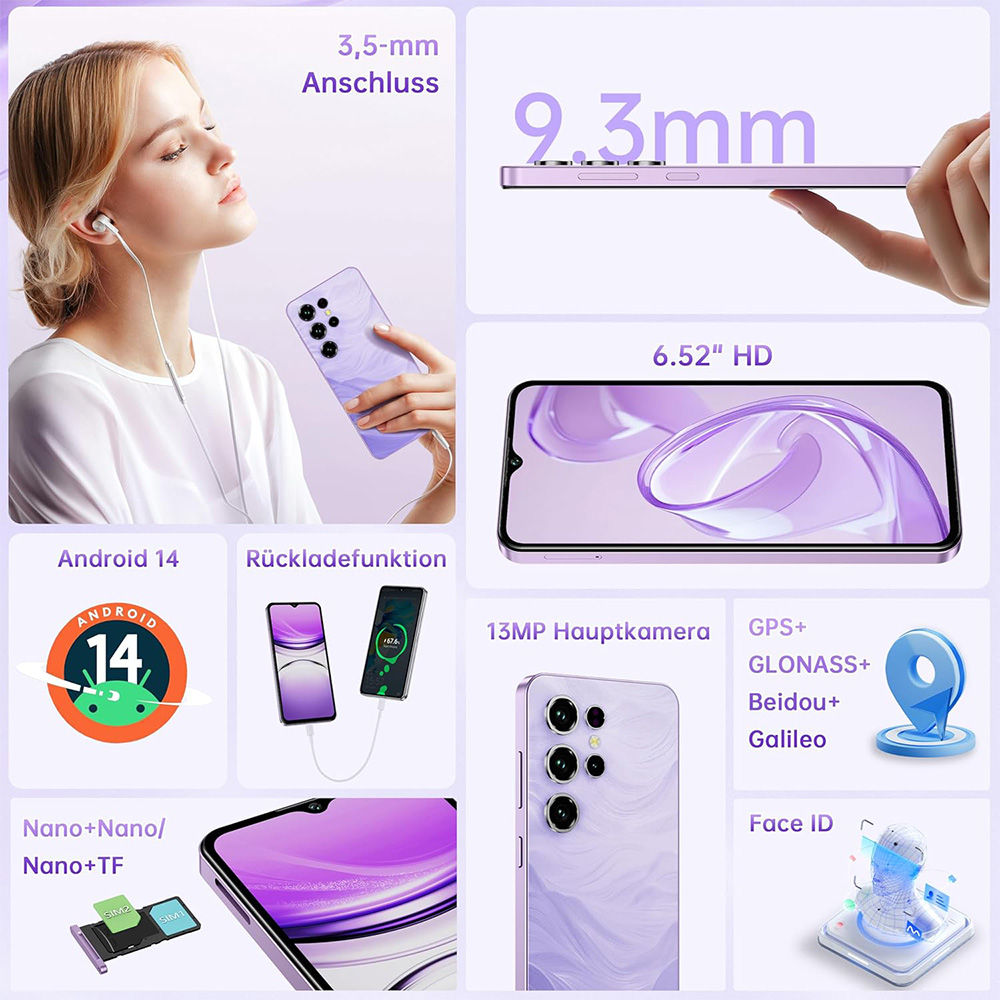 Teléfono inteligente morado con auriculares, 9,3 mm de grosor, pantalla HD de 6,52".