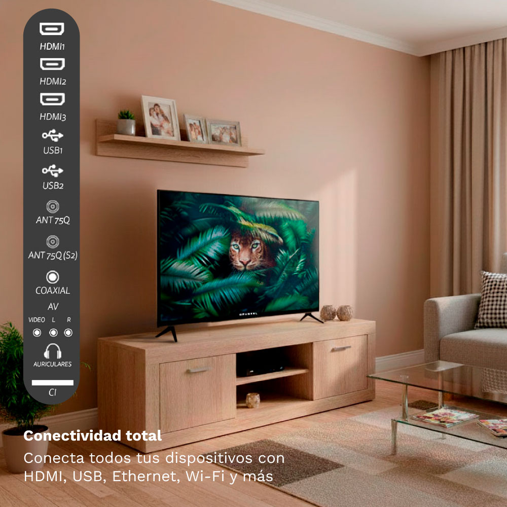 Un televisor con imagen de tigre, conexiones y mueble.