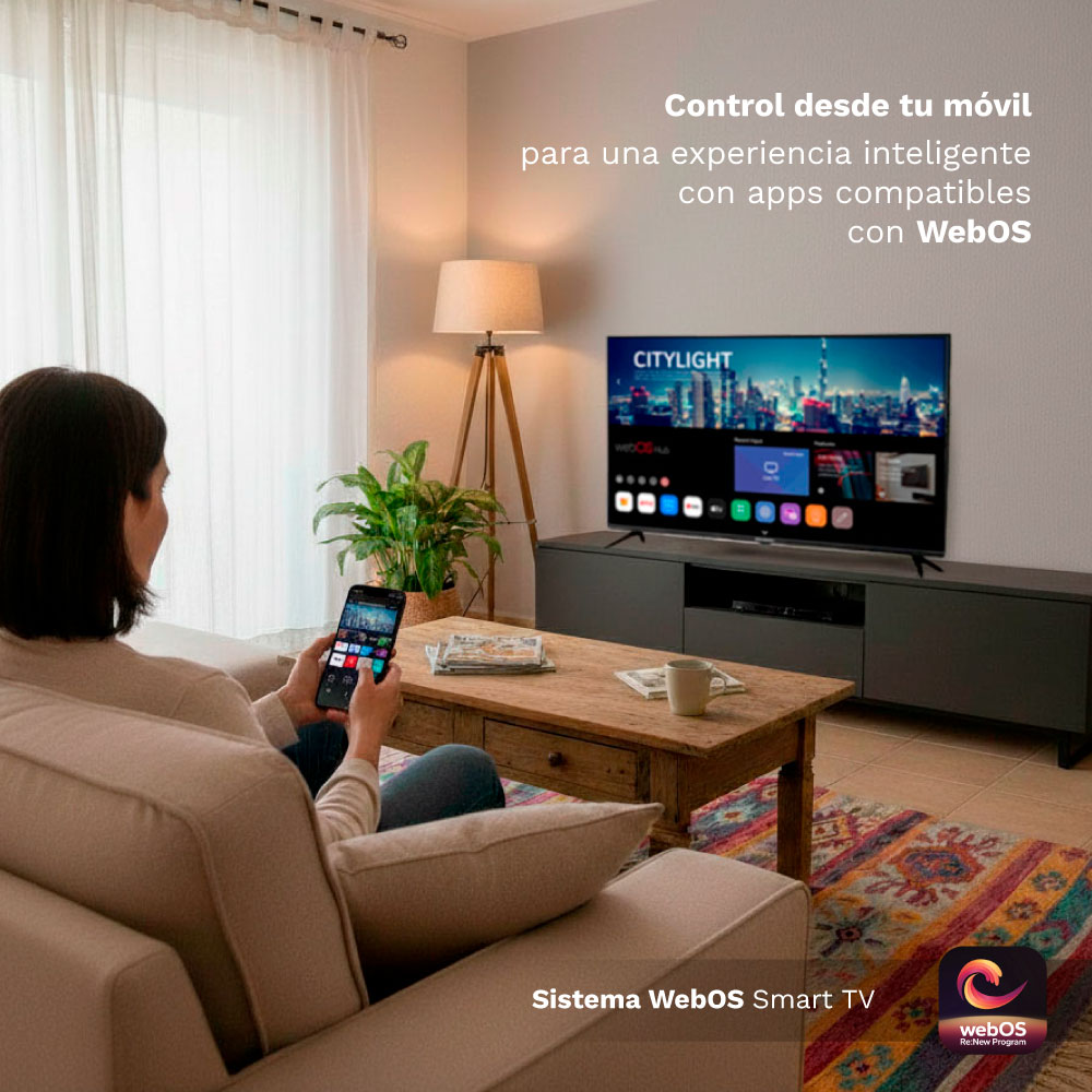 Mujer usa móvil frente a TV con interfaz WebOS.