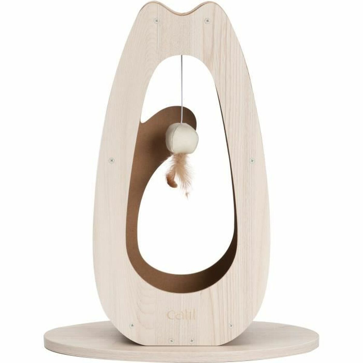Giocattolo di legno per gatti con palla e piuma su spago.