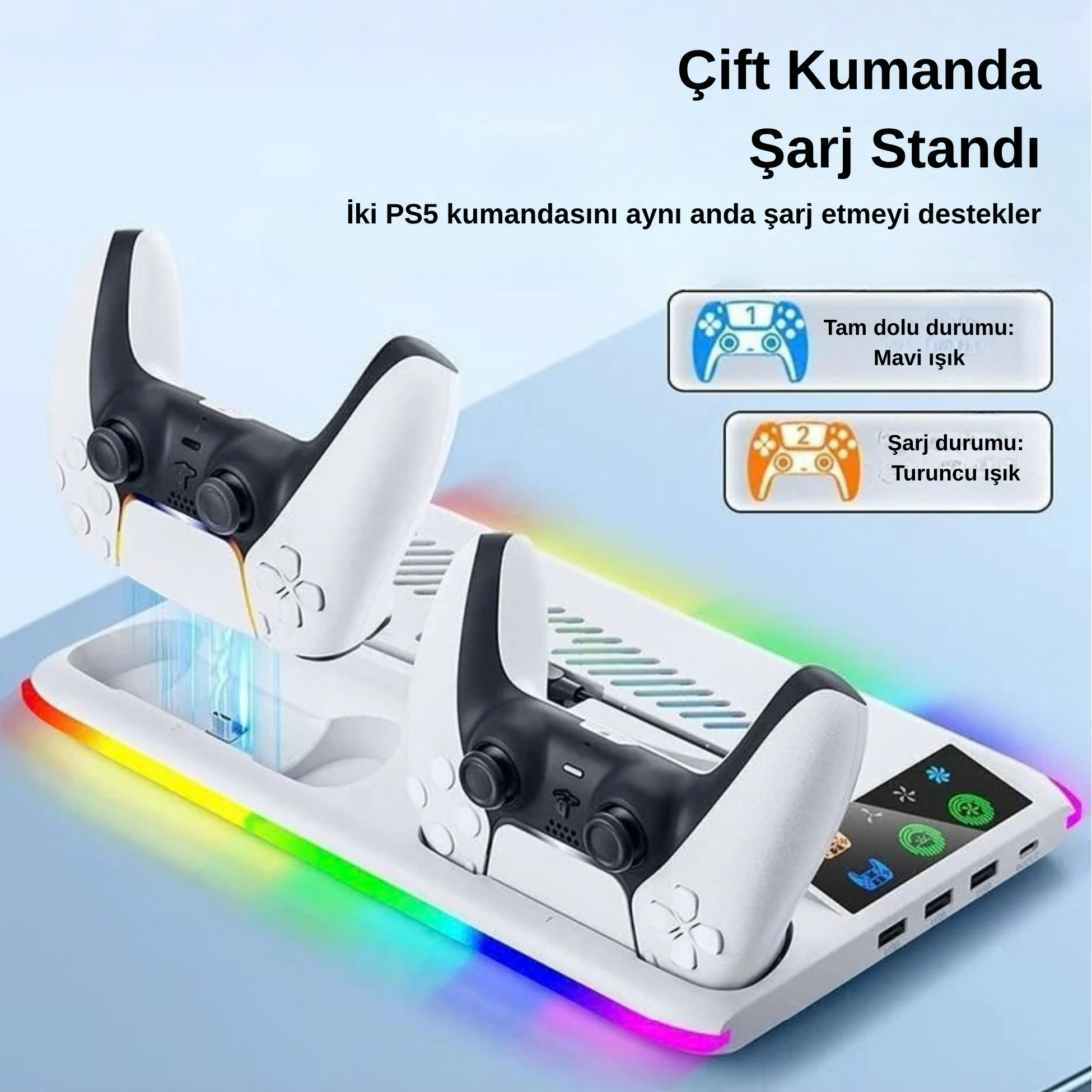 Renkli ışıklı, iki PS5 kumandası için beyaz şarj standı.