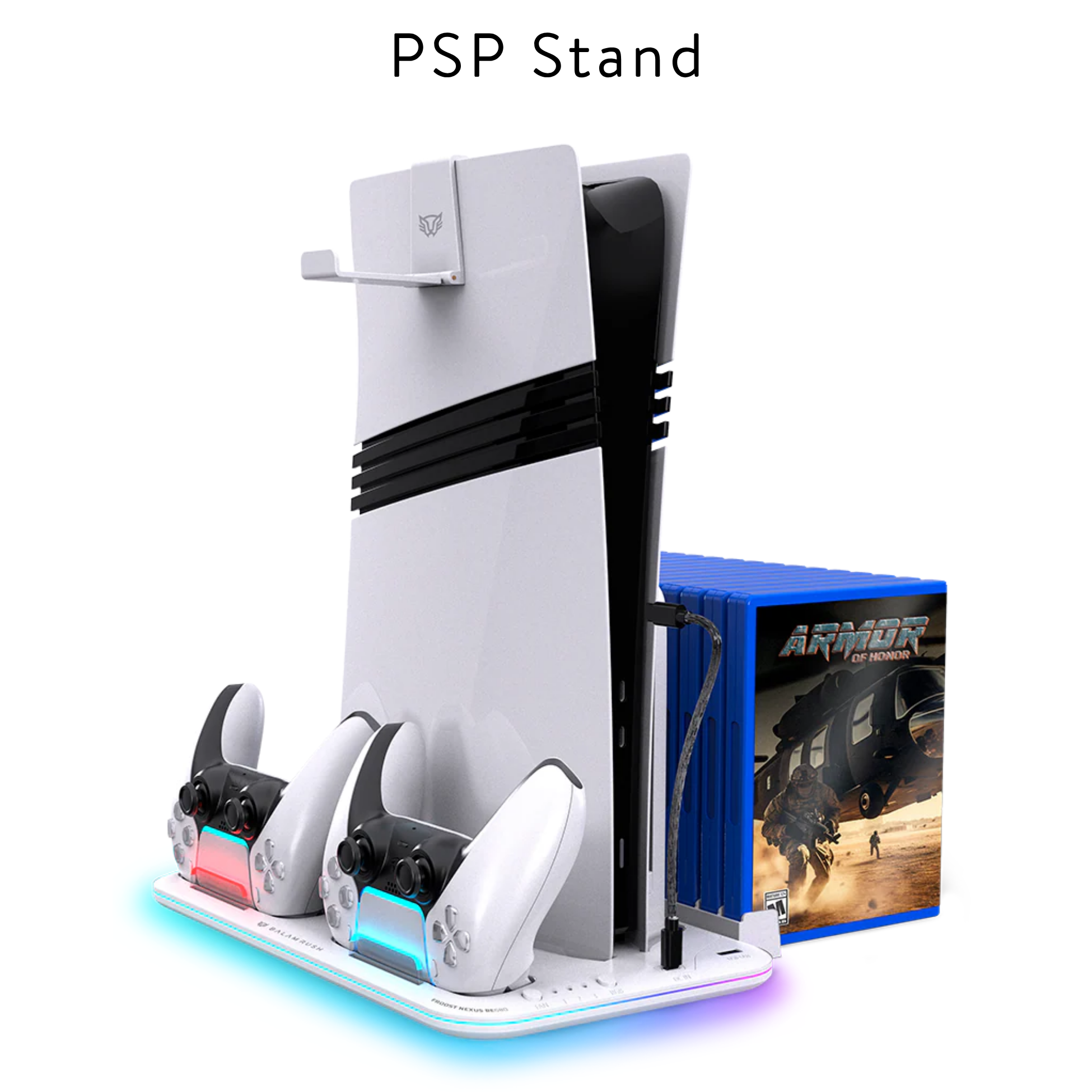 İki kontrolcü, oyun ve RGB aydınlatmalı beyaz PS5 standı.