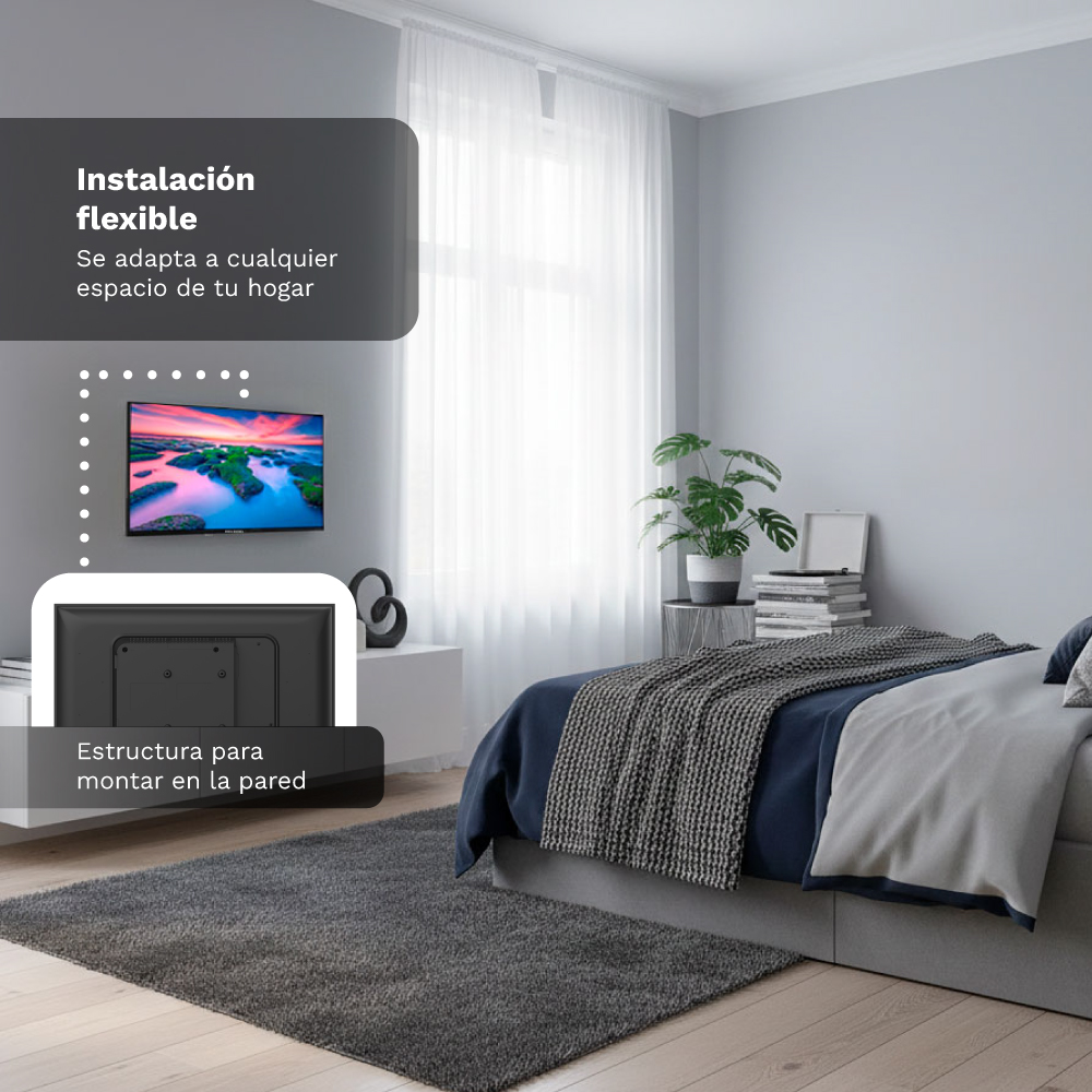 Un dormitorio con un televisor montado en la pared y una cama.