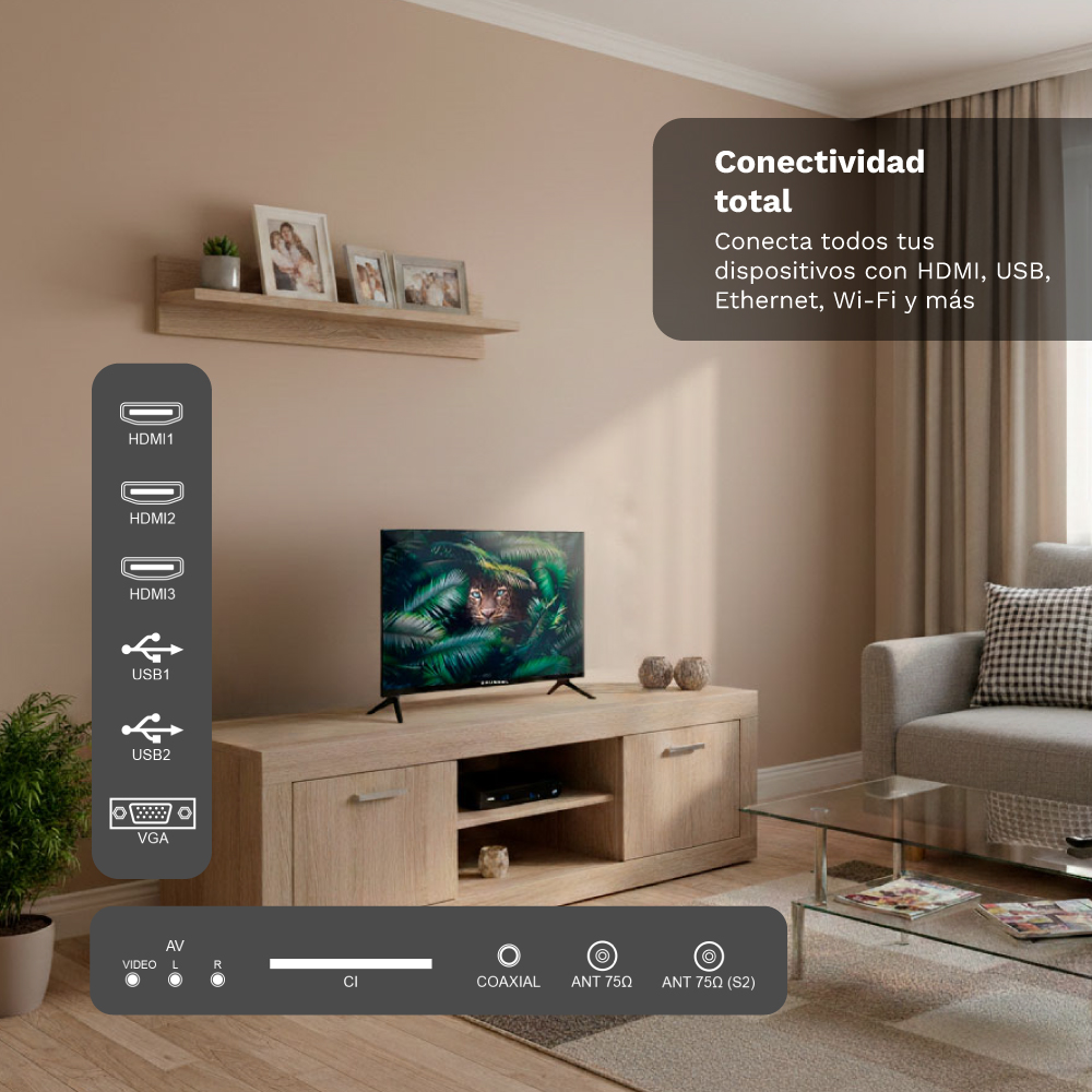 Sala de estar con TV mostrando escena de selva y puertos.