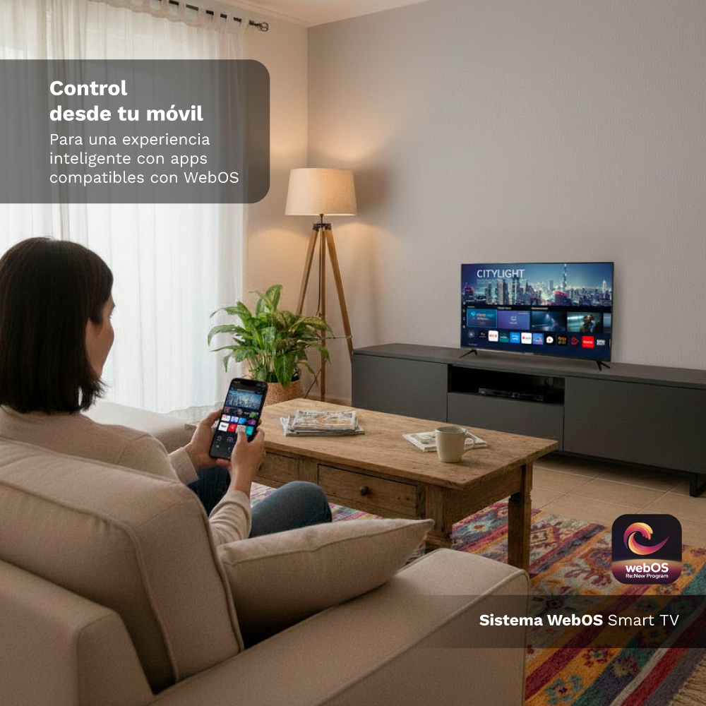 Mujer en sofá usa smartphone, TV inteligente al fondo con apps.