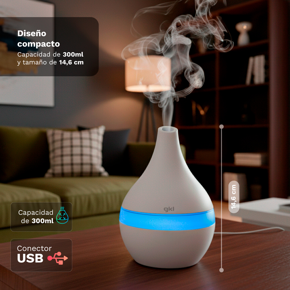 Un difusor blanco emite vapor, iluminado por una luz LED azul.