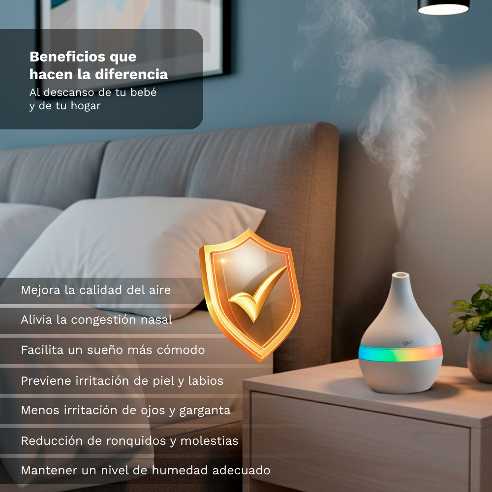 Un humidificador blanco con luces de colores en una mesita de noche, emitiendo vapor.