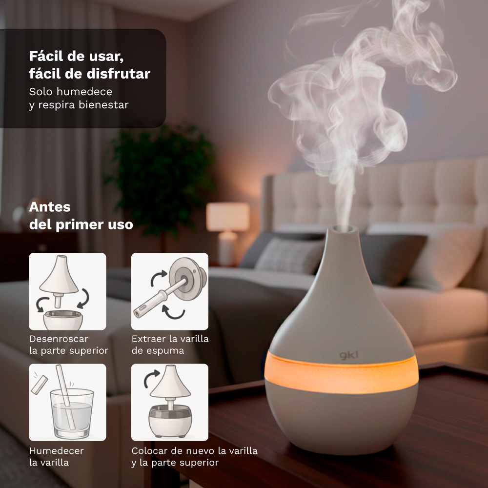 Un difusor emite vapor en un dormitorio. Las instrucciones están a la izquierda.