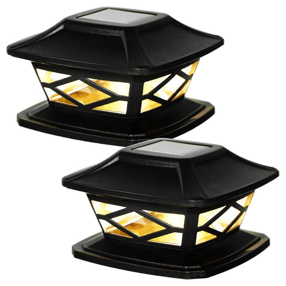 Zwei schwarze Solar-Pfostenlichter mit warmgelbem Licht.